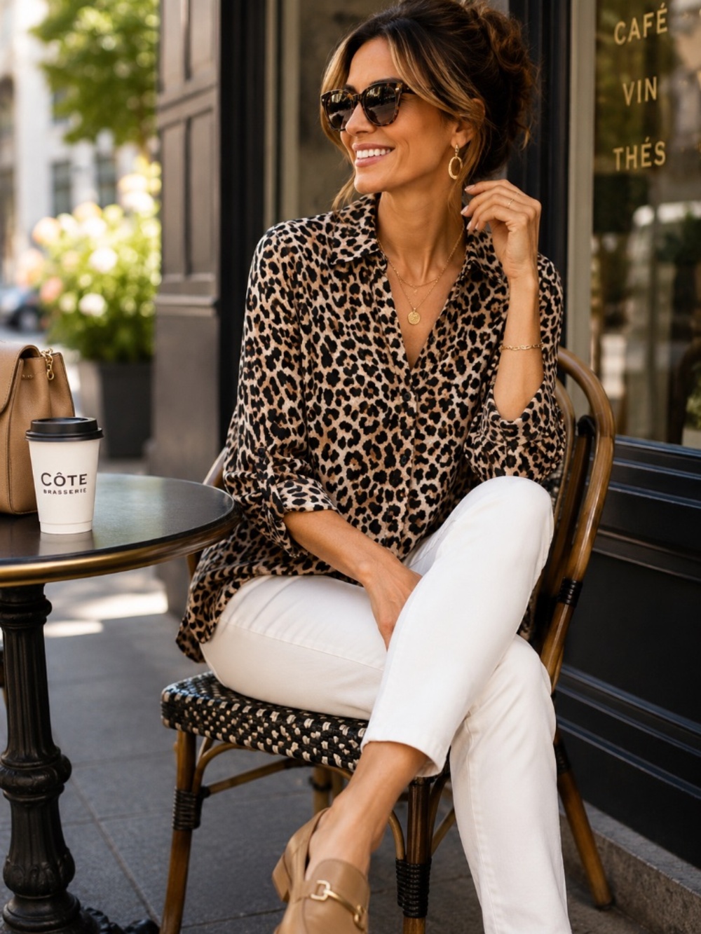 NEW Soya Concept Leopard Print EcoVero Button-Up Blouse | High-Low Hem | Size L